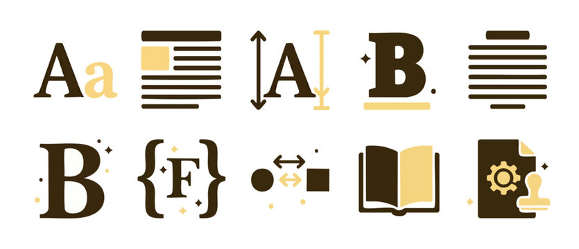 Typography and Text Formatting Icons Set for Web Design and UI Projects, featuring vector graphics of font styles, alignment tools, bold text, character spacing, and document editing symbols in flat s