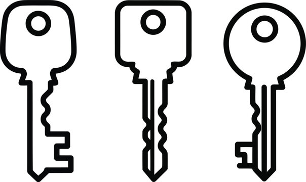 Three black outline keys isolated on white background, simple line art style