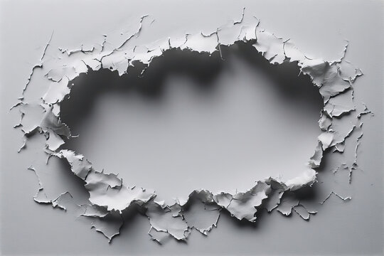Large irregular hole in white textured surface with ragged edges