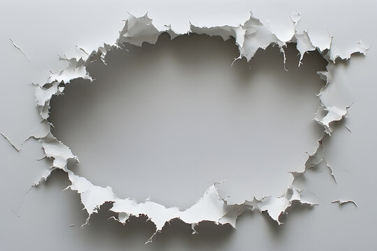 Large irregular hole ripped in center of white paper sheet background