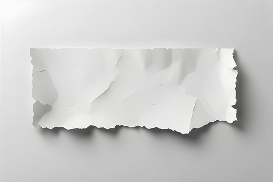 Torn white paper strip with ragged edges isolated on gray background