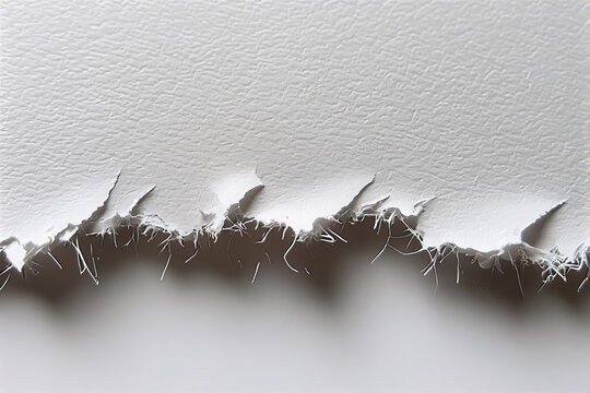 Close up of jagged torn paper edge with visible white material fibers