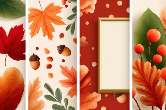 Autumn leaf quadriptych with warm fall foliage, acorns and blank gold frame on textured backgrounds