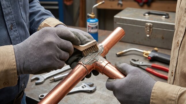 Plumber using a wire brush to clean a copper pipe fitting before soldering
