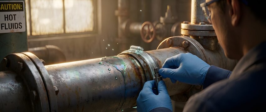 Close-Up of Gloved Technician Hands Near Hose Clamp Illustrating Industrial Maintenance