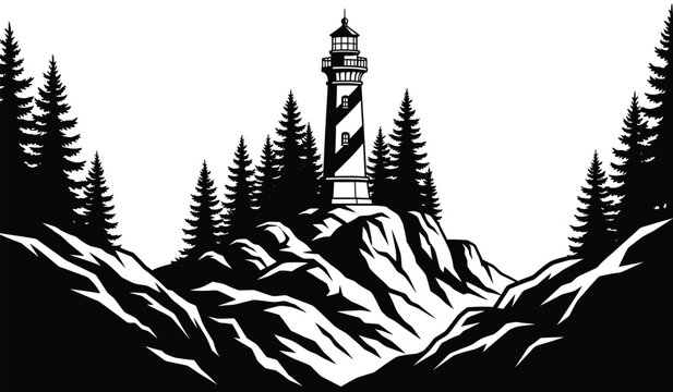 Coastal lighthouse on rocky cliff with pine trees black and white graphic silhouette high quality professional detailed modern elegant stylish clean crisp vibrant colorful
