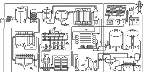 Obraz premium Advanced water treatment plant process diagram with ultrafiltration reverse osmosis tanks and solar powered system line art