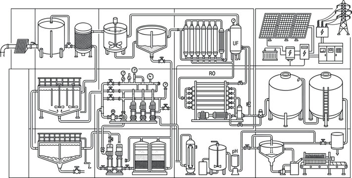 Advanced water treatment plant process diagram with ultrafiltration reverse osmosis tanks and solar powered system line art