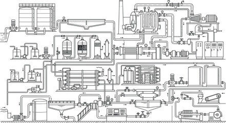 Obraz premium Industrial water treatment process diagram with filtration systems pumps tanks and piping detailed engineering line art