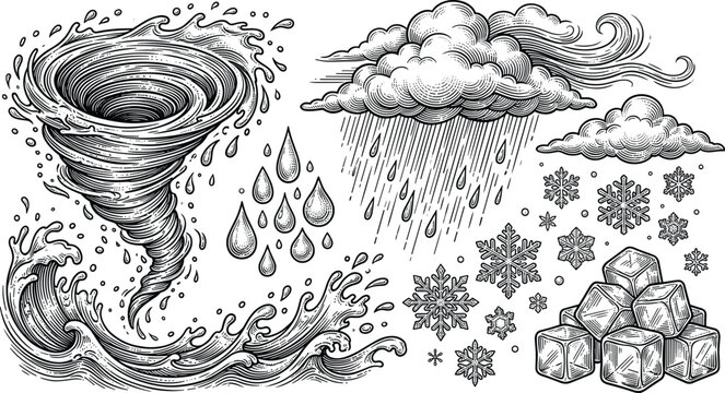 Vintage weather elements engraving tornado wave rain cloud snowflakes and ice cubes detailed line art