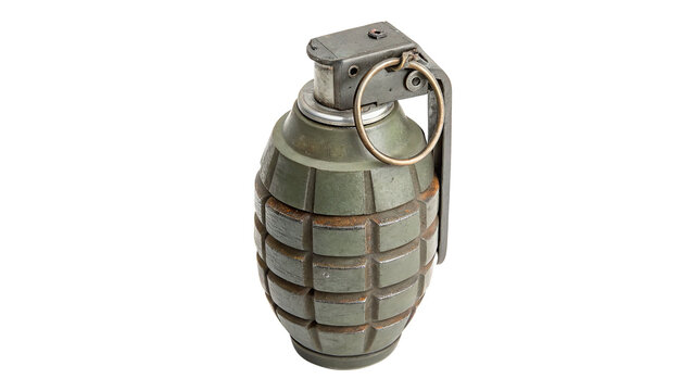 Classic metallic hand grenade M67 style with safety pin for military and tactical safety concepts isolated on transparent background