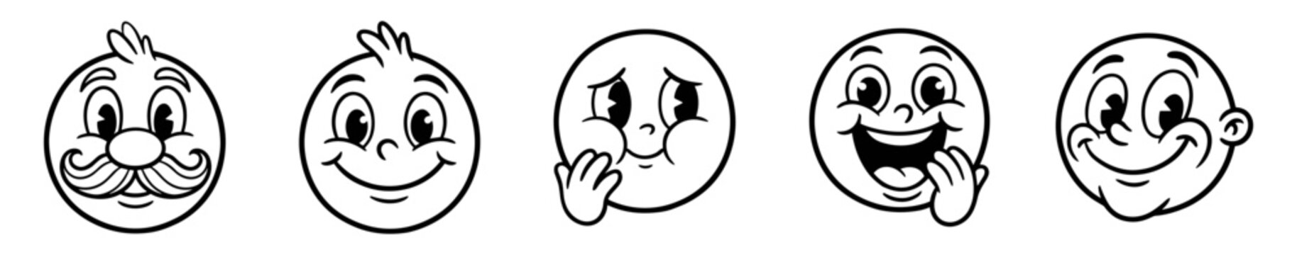 set of five cartoon emotion faces line art illustration on transparent background