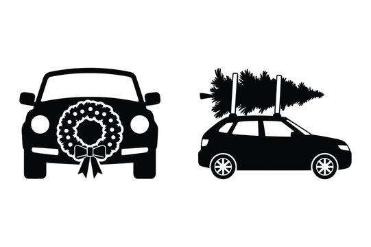 Cars decorated for christmas holidays with wreath on front and tree on rooftop