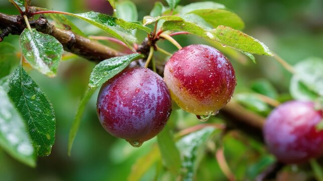 Sweet cherry plums ripen on the garden tree.