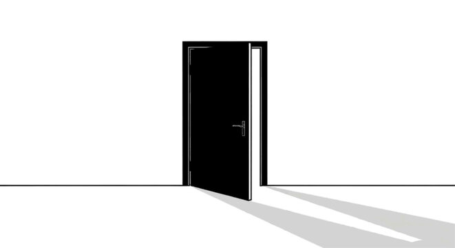 Minimal black silhouette icon, simple flat vector, bold black shape, no, no shading a black door slightly ajar casting a long shadow on a white floor on a, flat icon style
