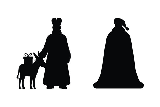 Sinterklaas and zwarte piet figures with gift on donkey and long cloak, nicholas