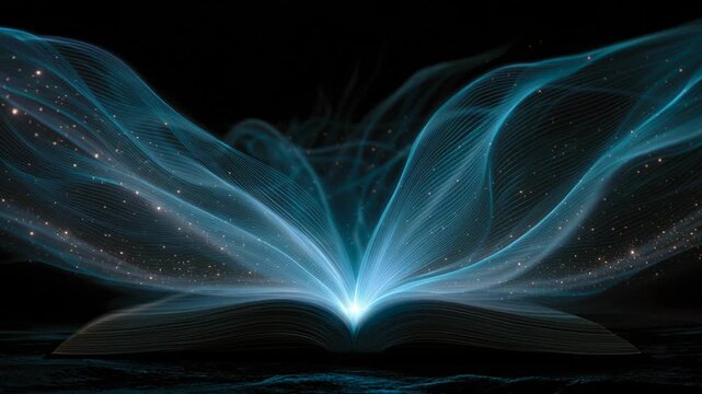 Blue particle wings emerging from book, luminous digital pages opening into flowing data streams and golden sparks, ethereal motion over black background,