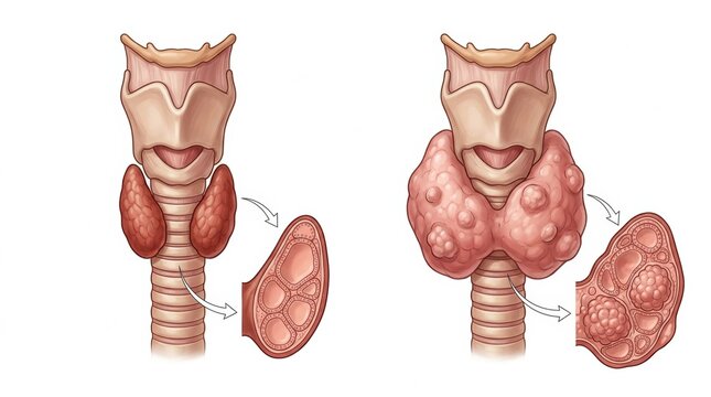 The thyroid gland of a cat, comparing healthy and hyperthyroid conditions, highlighting veterinary concerns.