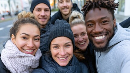 Obraz premium Cheerful group of runners captures joyful moment during morning jog