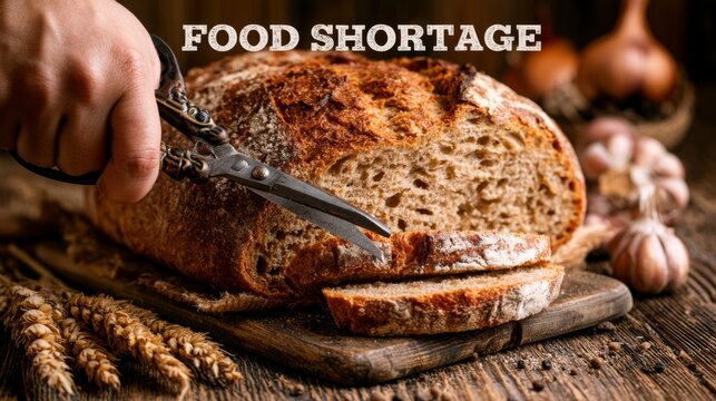 Cutting bread in a time of food scarcity on a rustic wooden table