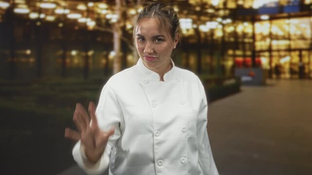 Young blonde woman chef reaches hands forward with open palms and playful clawing gesture in front of building lit by warm lights; playful confidence.