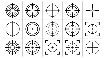 Collection of diverse circular target crosshair icons featuring various line styles and shapes for precise aiming and focus graphic design © Vectscape