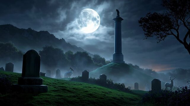 Moonlit foggy graveyard at night, ancient tombstones and standing stone silhouetted against full moon, violet mist drifting among crosses, ruined tower