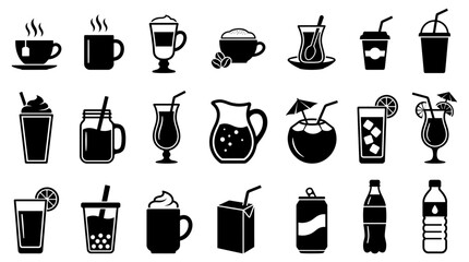 Collection of diverse black beverage icons featuring various coffee cups tea glasses soda cans and refreshing fruit juice drink containers