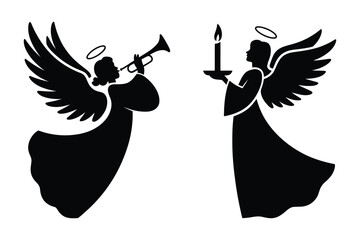 Obraz premium Christmas angels playing trumpet and holding lit candle vector icons