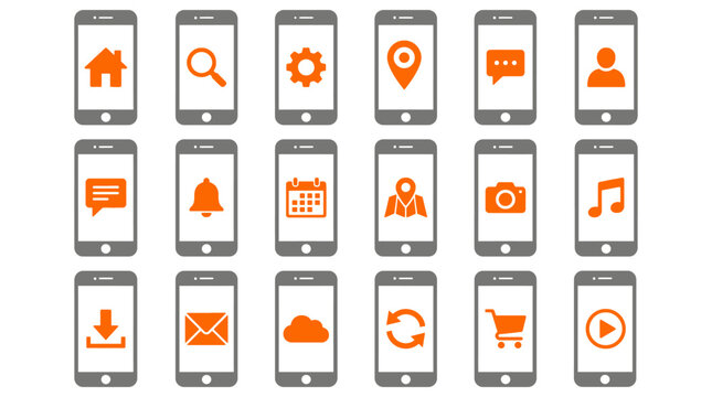 Set of mobile phone interface icons displaying various essential digital application functions for modern smartphone users 