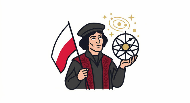 Polish astronomer Copernicus holding solar system model and national flag illustration