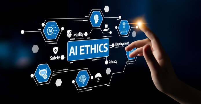 A hand reaches toward digital graphics symbolizing AI ethics. The image emphasizes essential themes: safety, legality, privacy, and deployment in technology discussions. Tessel
