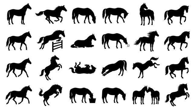 Multiple black silhouettes of horses displaying diverse natural postures and movements isolated on a clean plain  for design