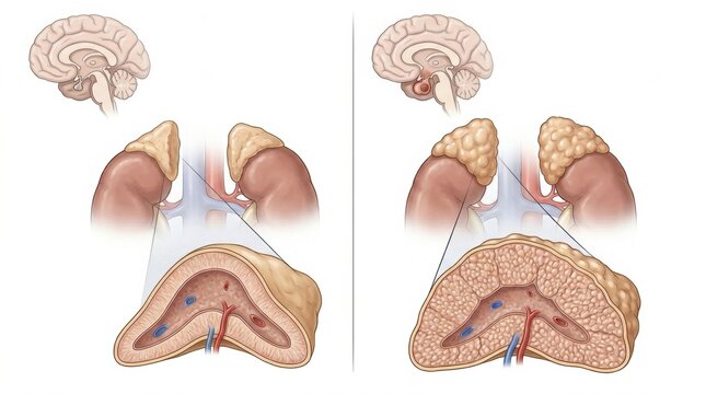 The adrenal glands affected by Cushings disease in a veterinary context, detailing the disease state and its impact on health.