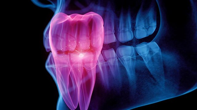 Glowing translucent molar radiograph showing pulp chamber and root structure in blue smoke background, highdetail medical illustration for dental education