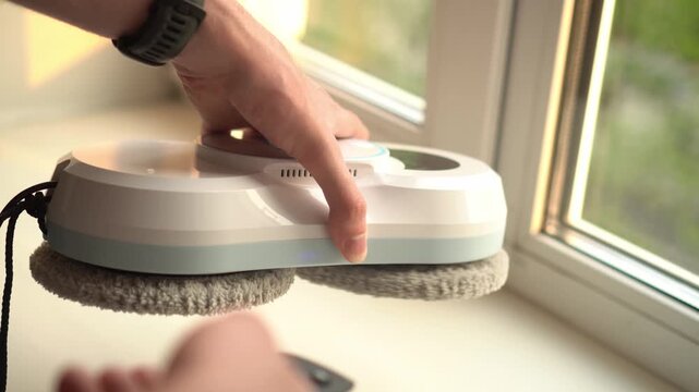 The operator uses the remote control to check the operation of the window cleaning robot before spring cleaning against the background of a window with a spring landscape