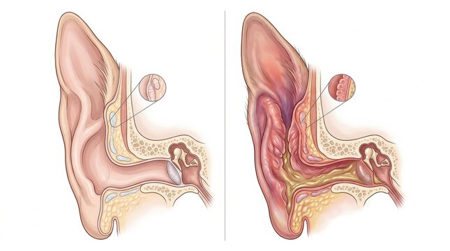 Visual depiction of ear infection otitis in pets illustrating changes in ear anatomy and infection effects on ear health status.