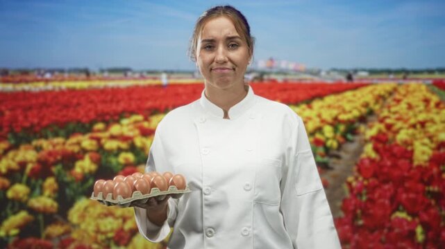 Woman chef holds carton of eggs with one hand and gestures a shrug with her other hand in studio; quiet disappointment.