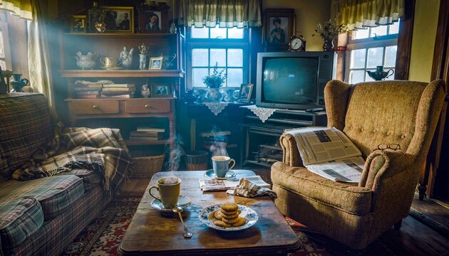  Sala de estar vintage con sillones c&oacute;modos, mesa de caf&eacute;, decoraci&oacute;n cl&aacute;sica y ambiente c&aacute;lido iluminado por la luz de una ventana.
