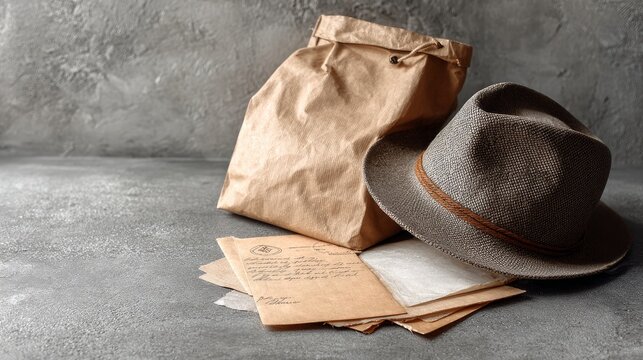 Brown bag, letters, papers, and hat rest on a gray surface.