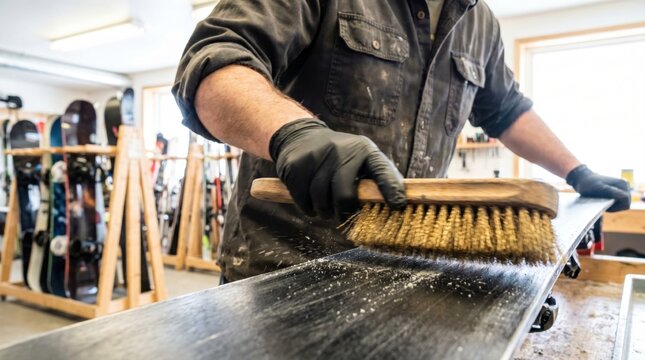 Snowboard technician using a wire brush to clean and texture the base of a snowboard in a workshop