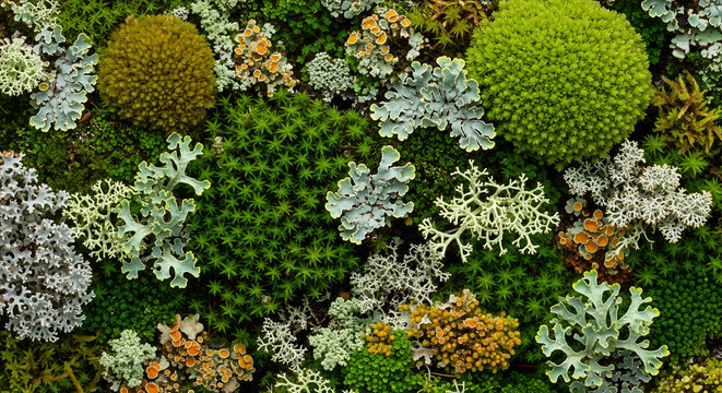 Vibrant macro background of various mosses and lichens including star moss and reindeer lichen in nature