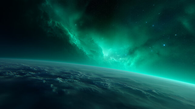 Green cosmic nebula above alien planet horizon, deep space landscape and futuristic universe exploration concept green nebula, alien planet, deep space, cosmic landscape, planet ho