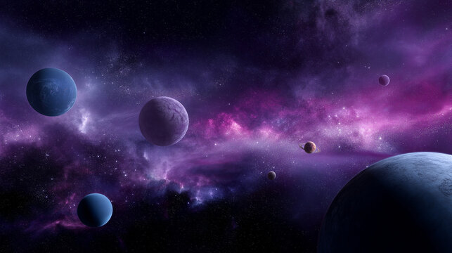 Colorful panoramic solar system with planets, galaxies and purple nebula clouds, deep space universe exploration background solar system, planets, galaxy, deep space, universe, out