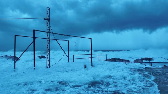 Storm Surge Engulfing Coastal Pool Structure &ndash; Massive Waves Flooding Photographer's Platform with Metal Frames in Foam