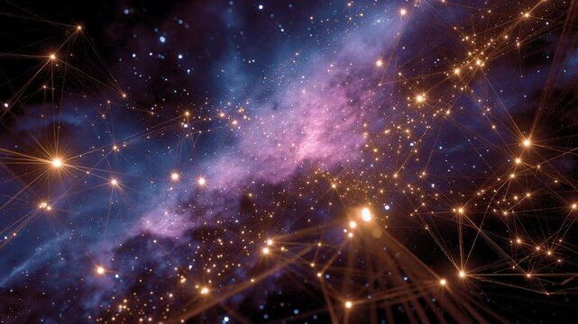 Purple nebula with golden starfield and connecting light nodes, filament lines form web across deep space, warm amber highlights and scattered dust, countless