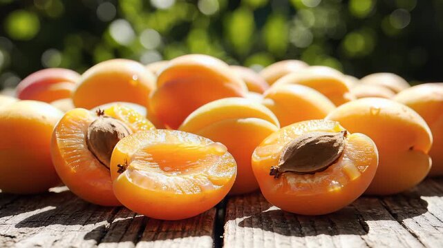 Fresh Ripe Apricots Displayed on Rustic Wooden Surface Outdoors.