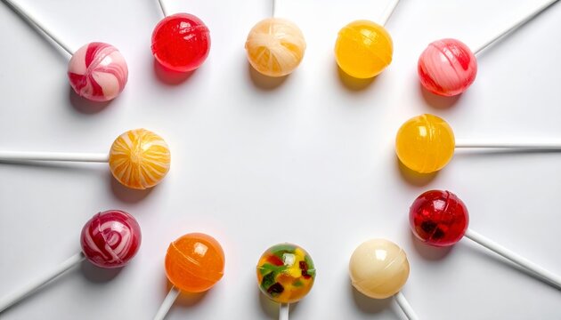 A Colorful Array of Lollipops Featuring Various Flavors and Patterns Arranged in a Circular Shape on a White Background