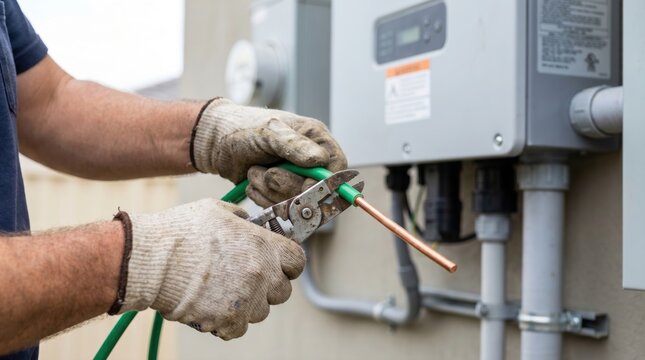 Electrician using pliers to cut a green insulated copper wire near a solar power inverter box