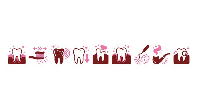 Dental Care Icons Set, Oral Health Treatment and Tooth Problems Symbols, Professional Dentistry Clinic Infographic Elements for Patient Education, Vector Illustration of Periodontal Disease Symptoms